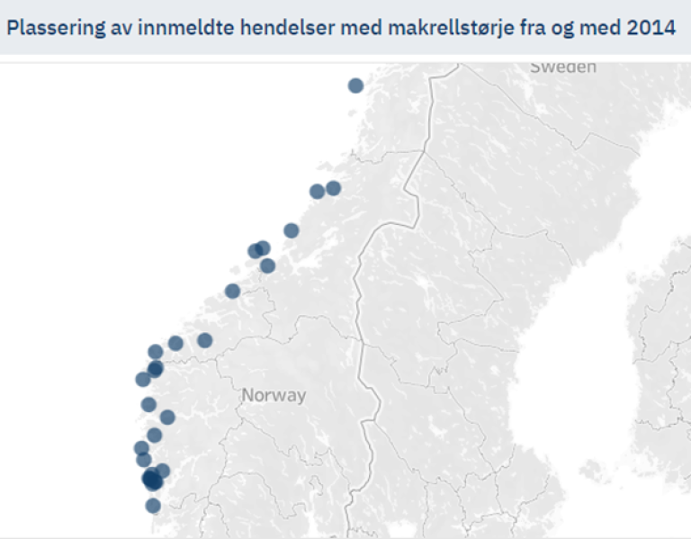 Figur 5 Oversikt over plassering av hendelser med makrellstørje i not