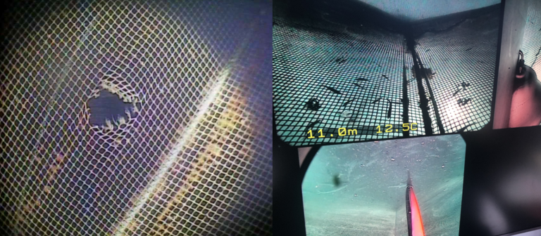 Bilete av hol i not tatt ved inspeksjon med ROV. Bilete av notkontroll med kamera motnert på vaskeutstyr.