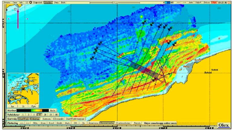 Illustrasjonskart som viser relativ hardhet på sedimentet rundt anlegget.