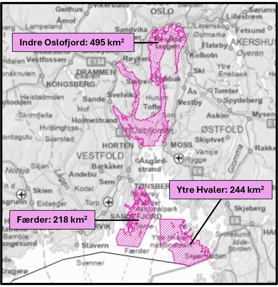 Kartet viser de tre forbudssonene i Oslofjorden