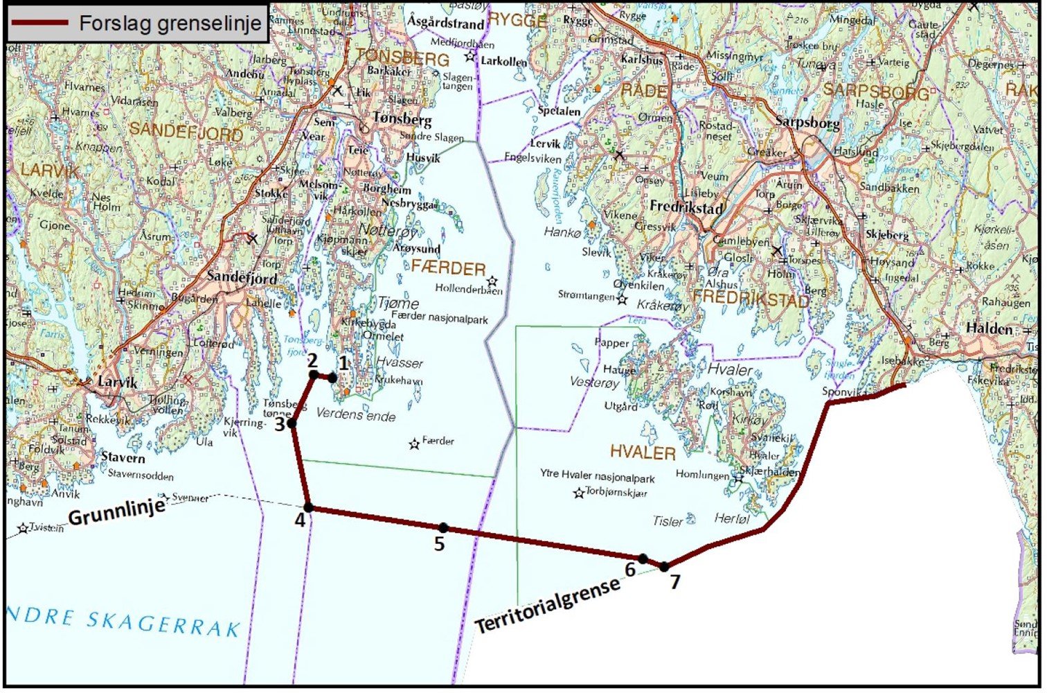 Kartet vixer foreslått justert område i Oslofjorden