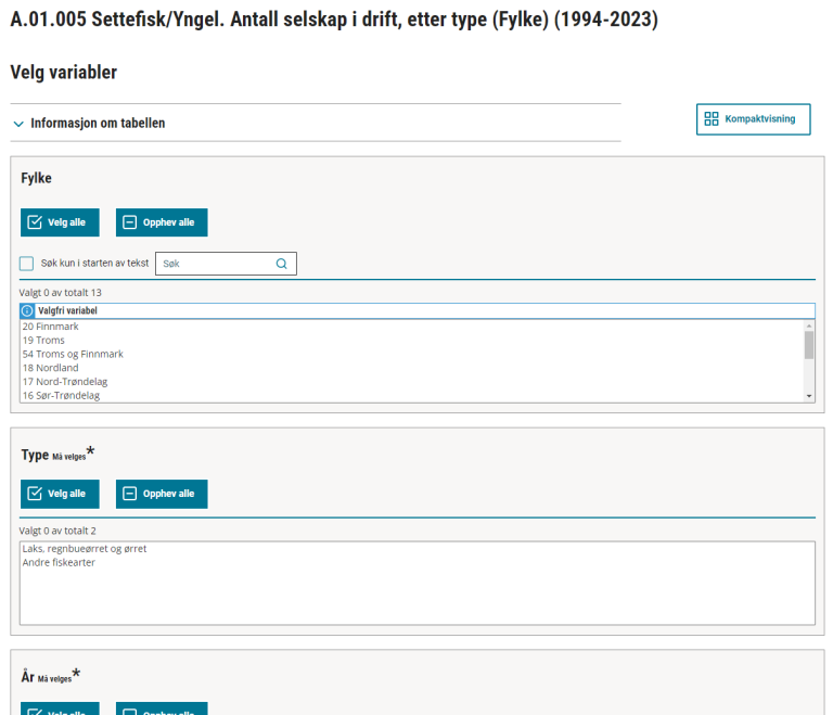Skjermbilde av listevisning i statistikkbanken.
